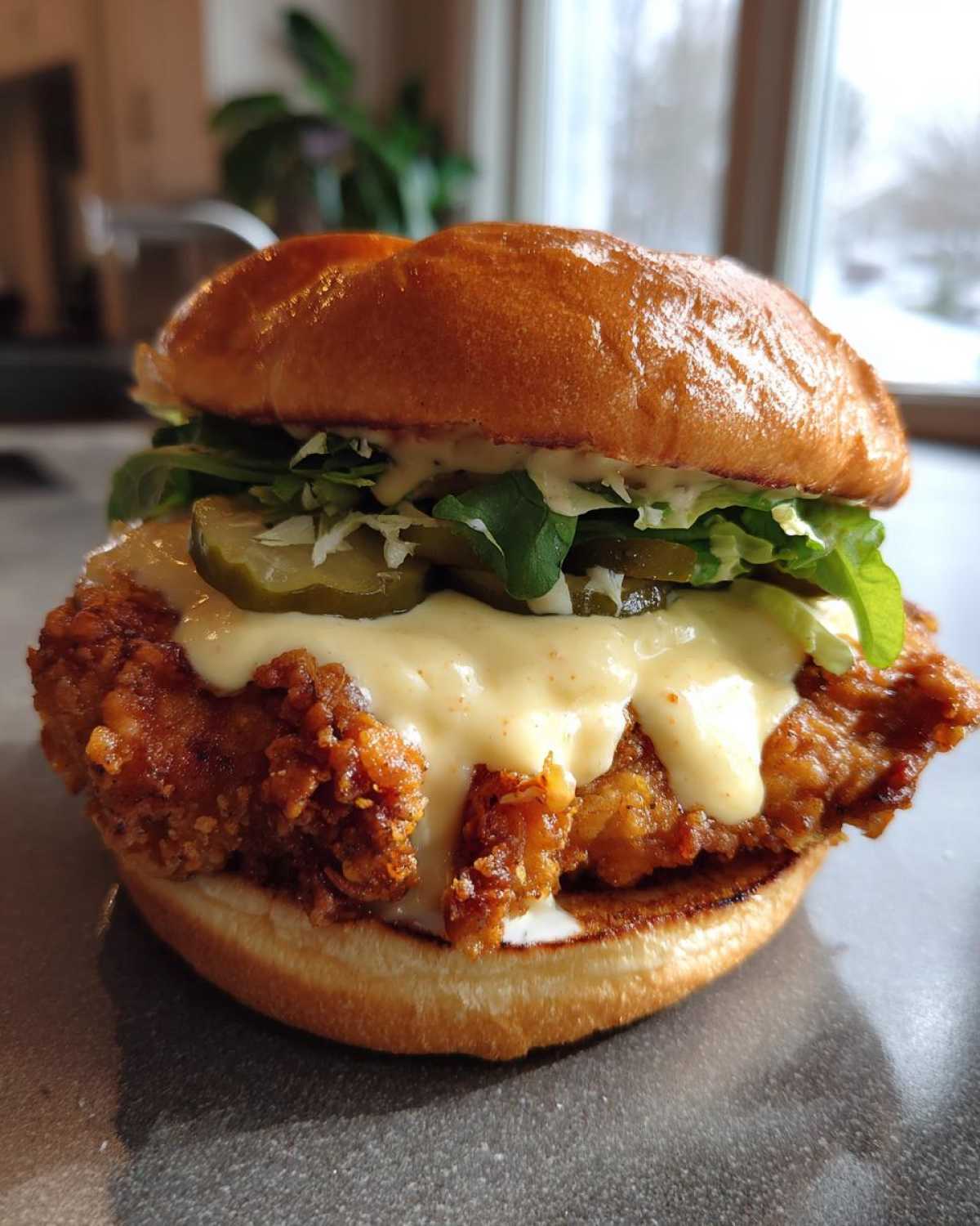 Close-up of a Crispy Chicken Burger with honey mustard sauce dripping over the fried chicken patty and pickles.