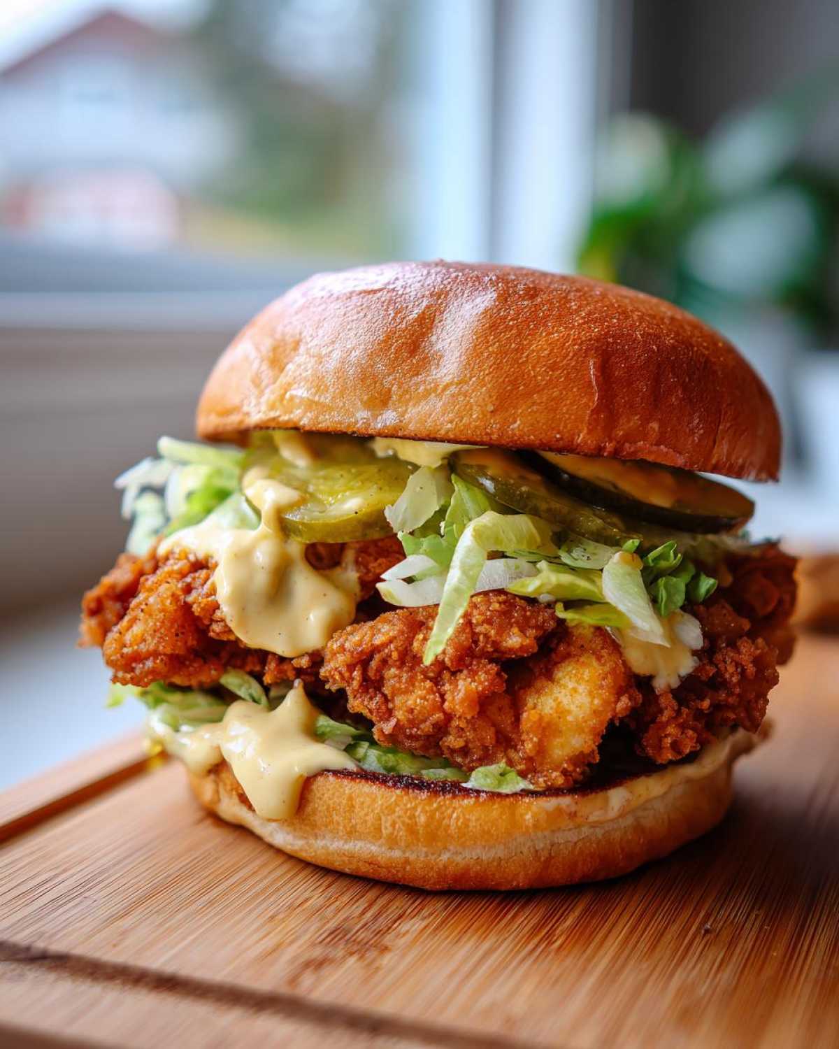 A tall, juicy Crispy Chicken Burger with honey mustard sauce dripping over fried chicken, lettuce, and pickles on a brioche bun.