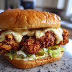 A close-up of a Crispy Chicken Burger generously topped with honey mustard sauce, lettuce, and pickles.