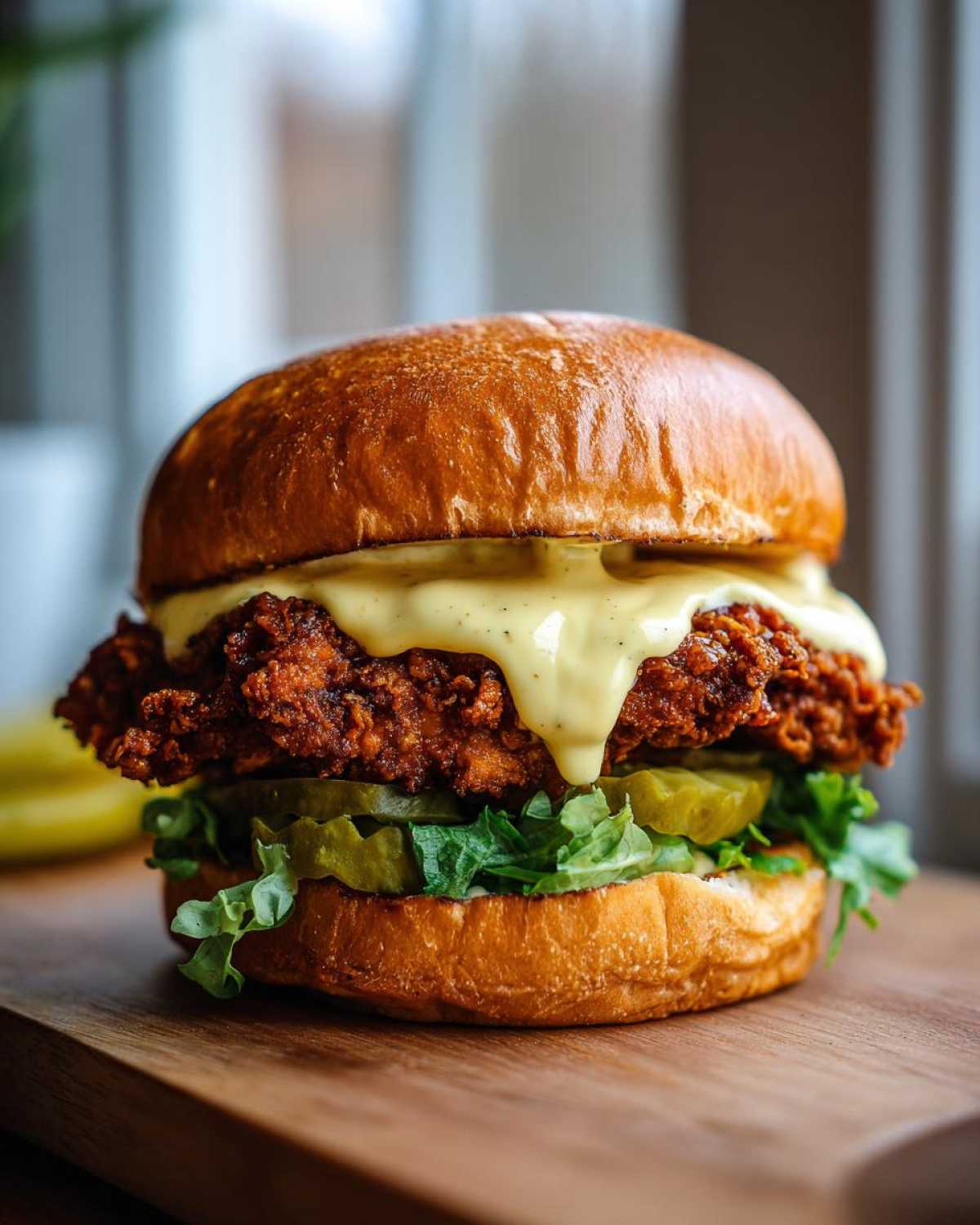 Close-up of a Crispy Chicken Burger with Honey Mustard Sauce dripping over the fried chicken patty and pickles.