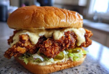 A close-up of a Crispy Chicken Burger generously topped with honey mustard sauce, lettuce, and pickles.