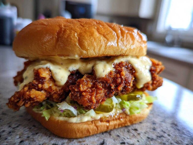 A close-up of a Crispy Chicken Burger generously topped with honey mustard sauce, lettuce, and pickles.