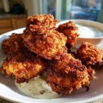 A pile of golden brown Crispy Chicken Fritters served with a dollop of creamy Garlic Yogurt Sauce.