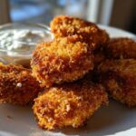 A plate of golden brown Crispy Chicken Fritters with a small bowl of Garlic Yogurt Sauce in the background.