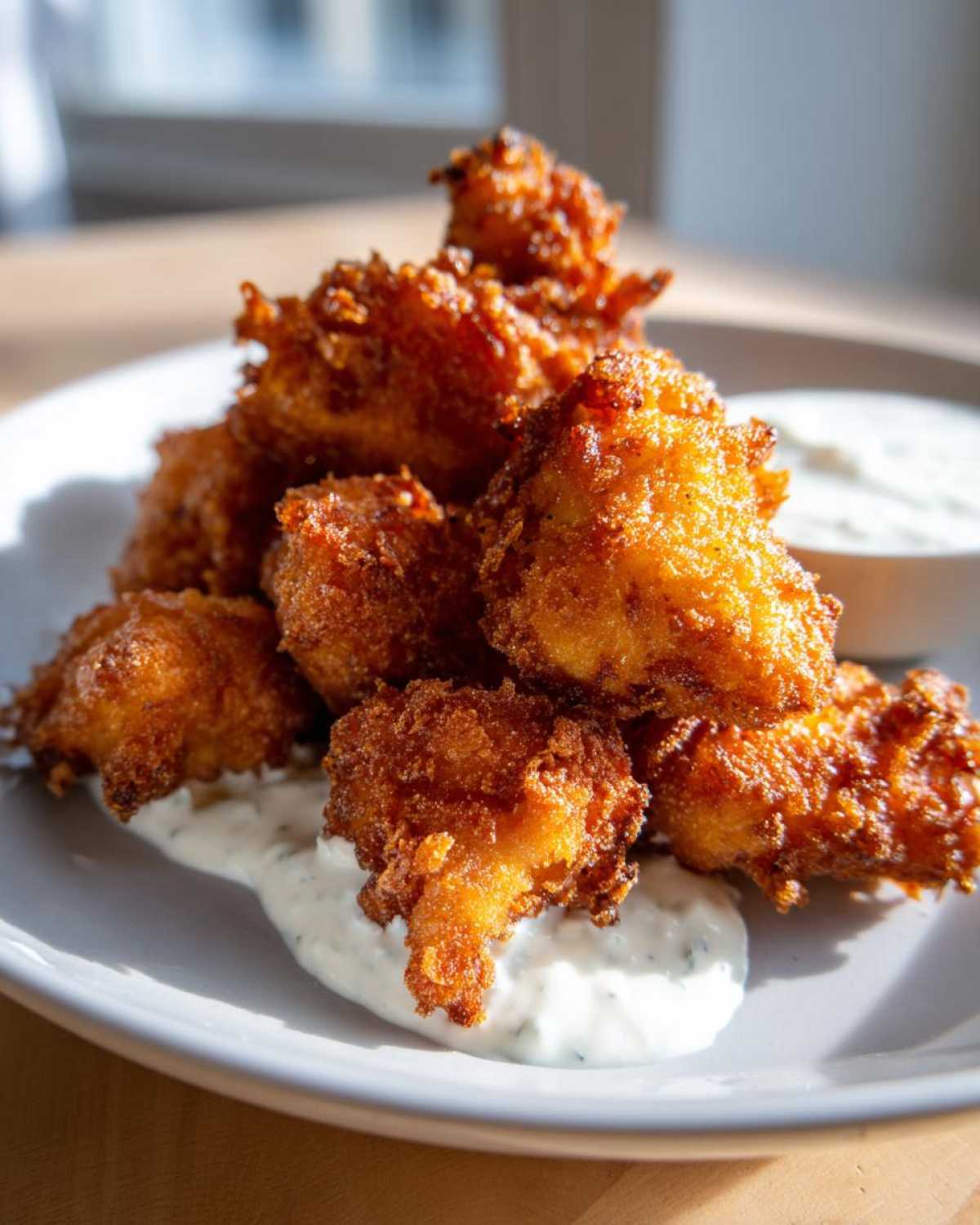 A pile of golden brown Crispy Chicken Fritters served over a smear of Garlic Yogurt Sauce on a white plate.