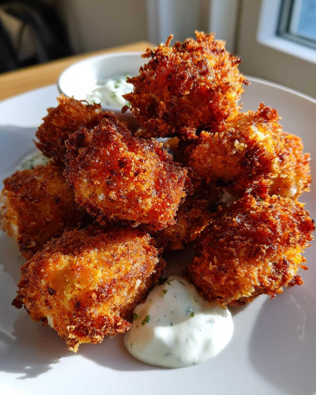 A pile of golden brown, extra crispy chicken fritters served with a dollop of creamy garlic yogurt sauce.