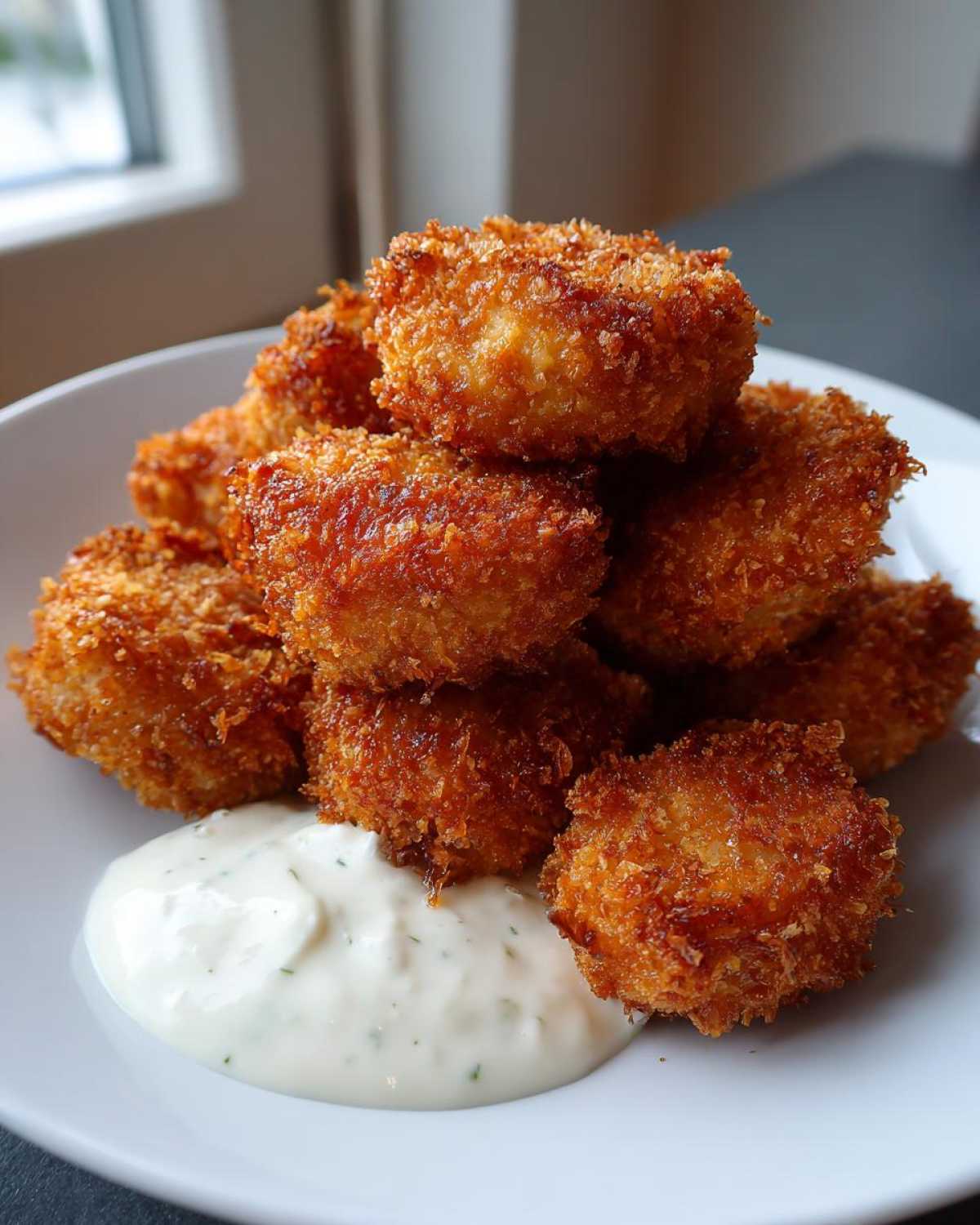 A stack of golden brown Crispy Chicken Fritters served on a white plate next to a dollop of creamy Garlic Yogurt Sauce.