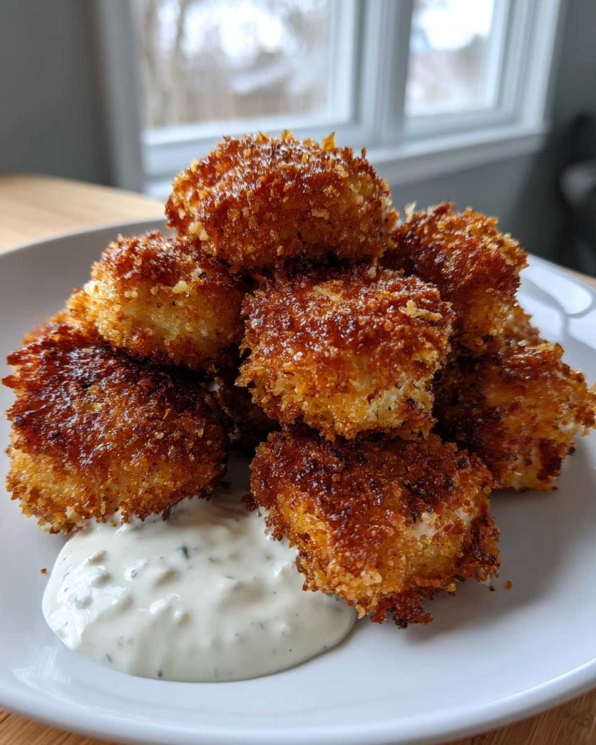 A stack of golden brown, crispy chicken fritters served with a dollop of garlic yogurt sauce on a white plate.