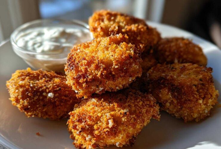 A plate of golden brown Crispy Chicken Fritters with a small bowl of Garlic Yogurt Sauce in the background.