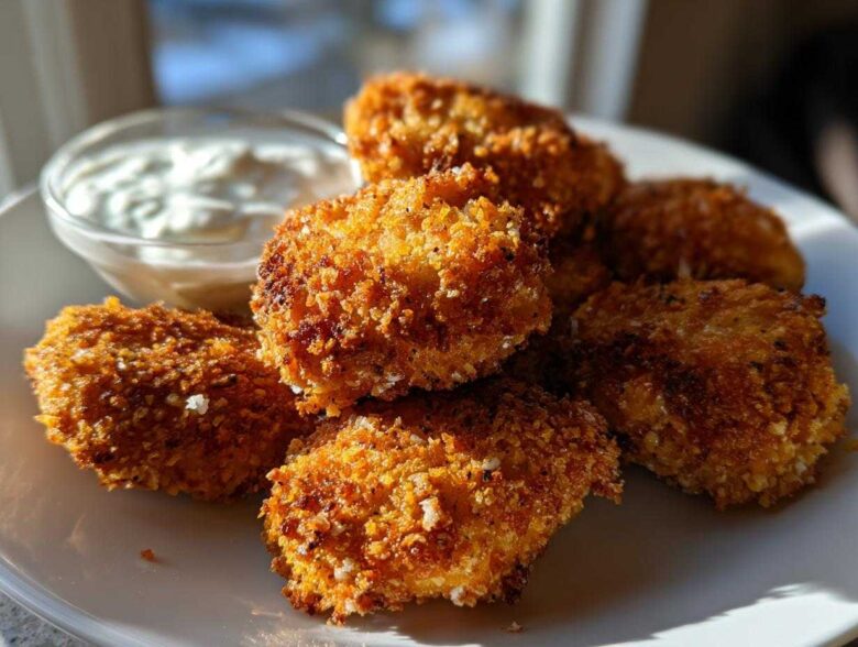 A plate of golden brown Crispy Chicken Fritters with a small bowl of Garlic Yogurt Sauce in the background.