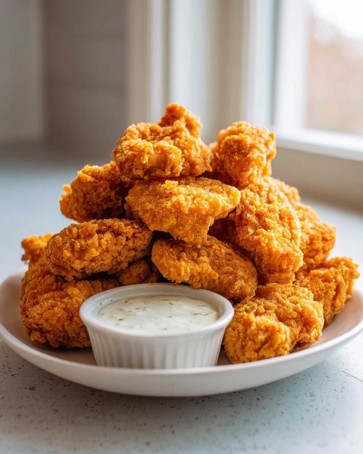 A large pile of golden brown Crispy Chicken Nuggets served on a white plate with a small ramekin of creamy garlic dip.