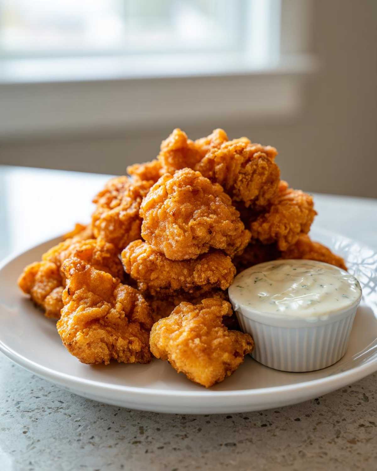 A generous pile of golden brown Crispy Chicken Nuggets with Garlic Dip served on a white plate.