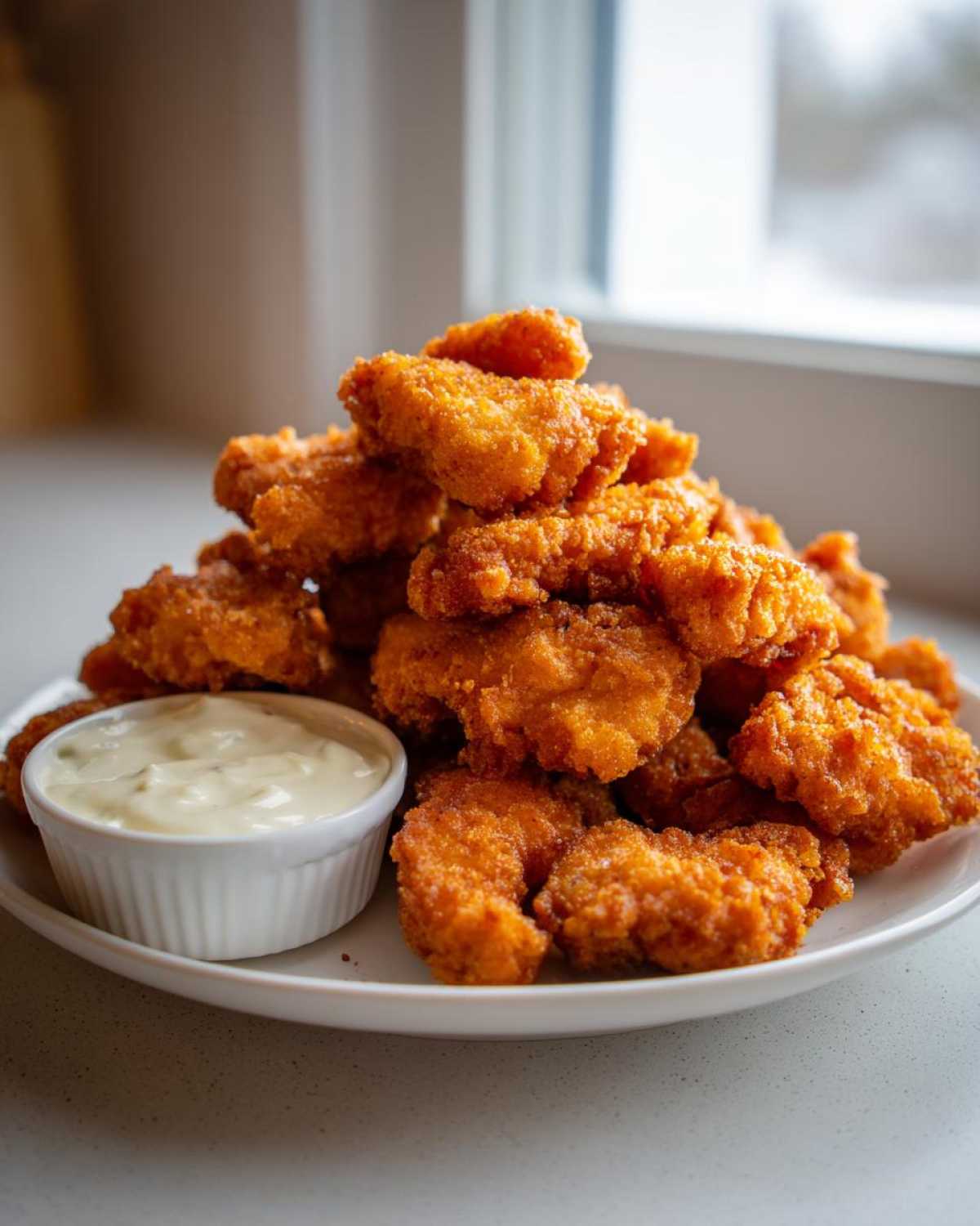 A large pile of golden brown Crispy Chicken Nuggets served on a white plate next to a small ramekin of creamy garlic dip.