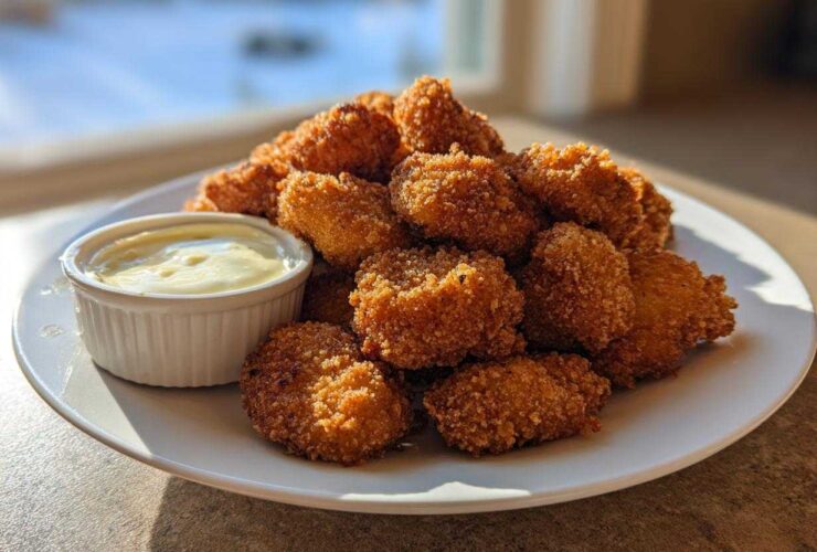 A plate piled high with golden brown Crispy Chicken Nuggets next to a small ramekin of creamy garlic dip.