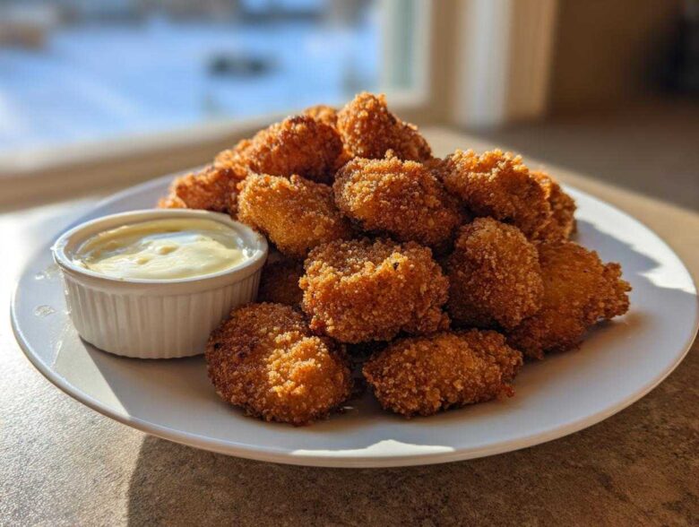 A plate piled high with golden brown Crispy Chicken Nuggets next to a small ramekin of creamy garlic dip.