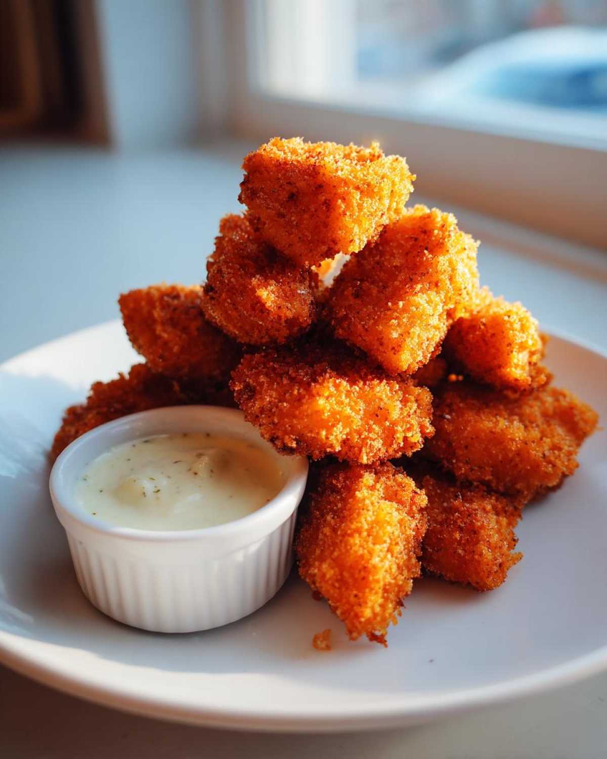 A stack of golden brown Crispy Chicken Nuggets with Garlic Dip served on a white plate.
