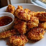 A plate of golden brown Crispy Chicken Nuggets with Honey Garlic Dip served alongside in a small white ramekin.