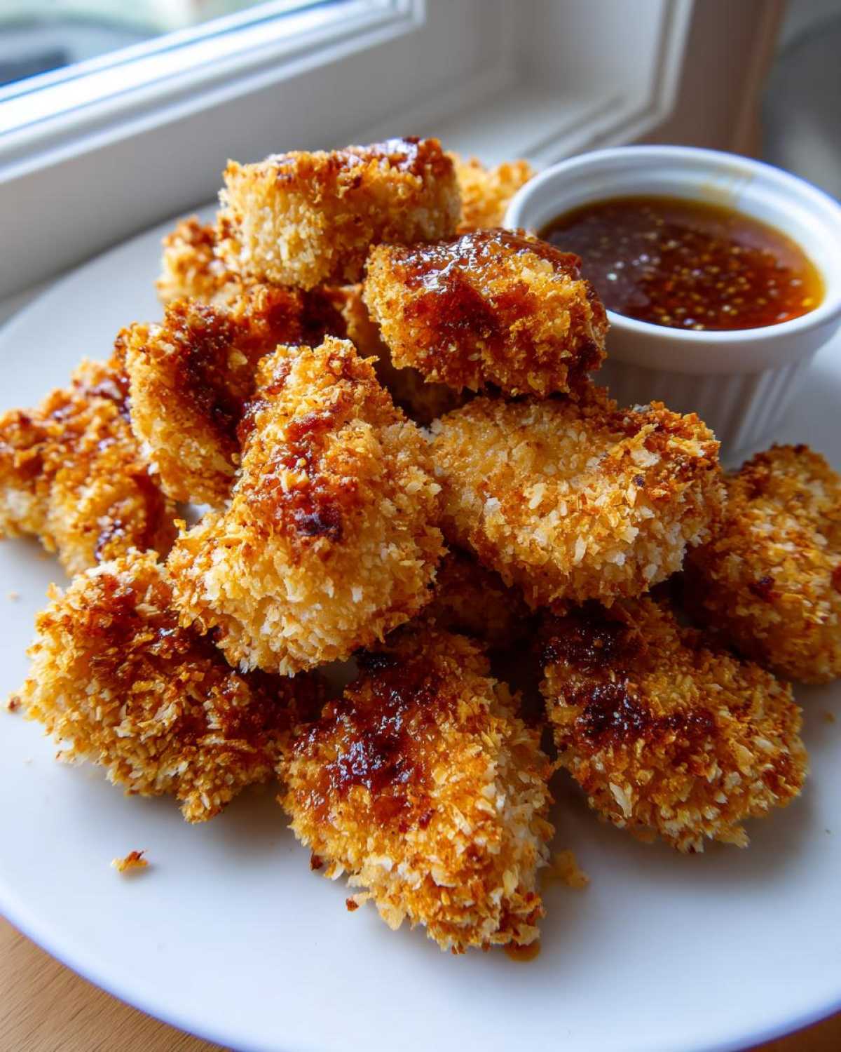 A pile of golden, crispy chicken nuggets drizzled with glaze, served next to a small bowl of honey garlic dip.