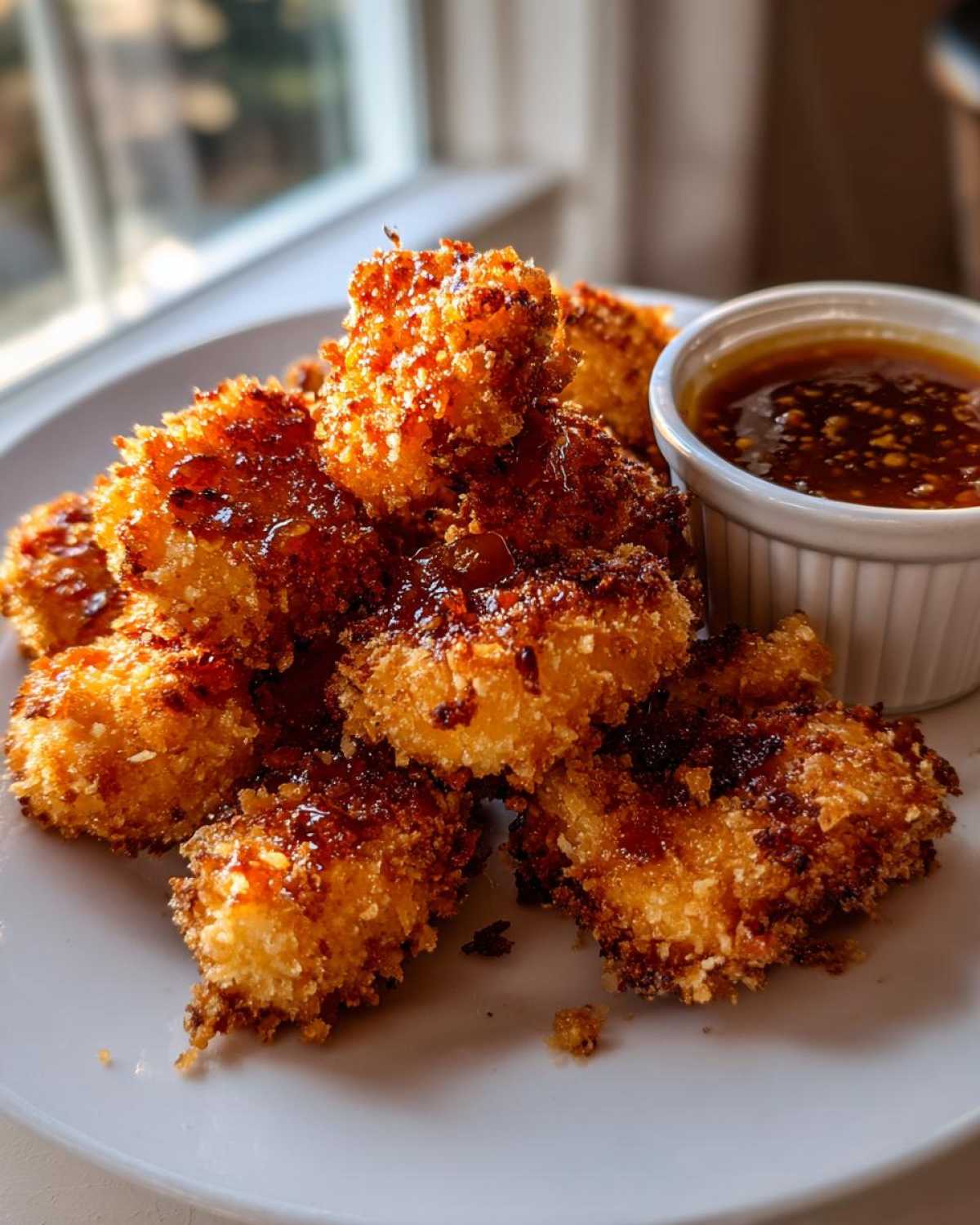 A pile of golden brown, crispy chicken nuggets drizzled with a sticky glaze, served next to a ramekin of honey garlic dip.