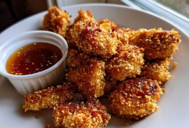 A plate of golden brown Crispy Chicken Nuggets with Honey Garlic Dip served alongside in a small white ramekin.