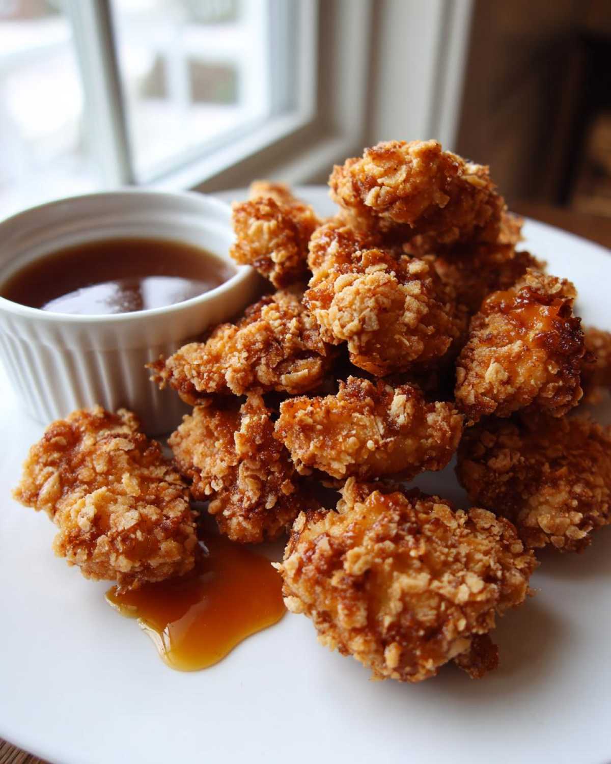 A pile of golden brown, crispy chicken nuggets served with a side of rich honey garlic dip.