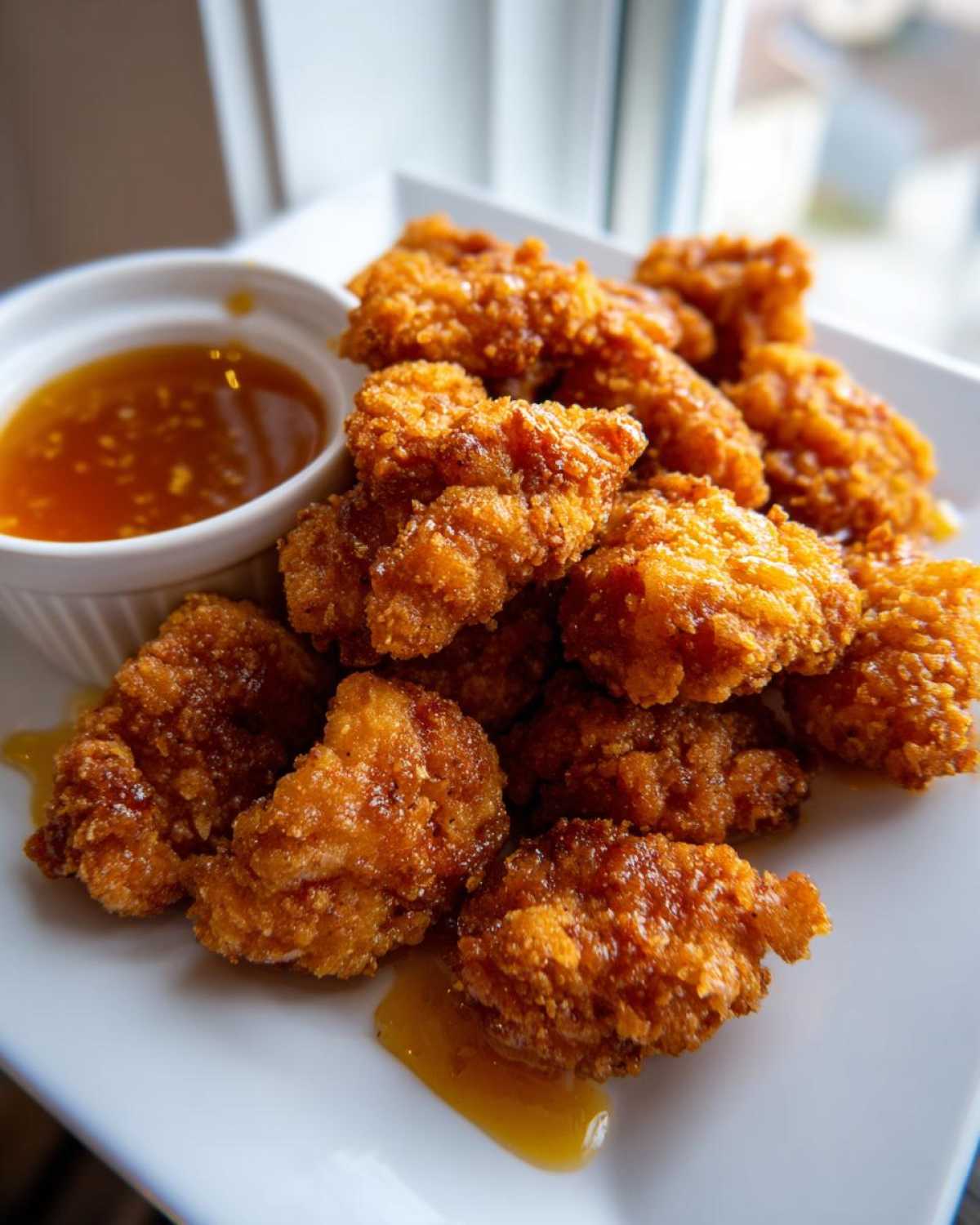 A plate of golden brown Crispy Chicken Nuggets with Honey Garlic Dip pooled beneath them.