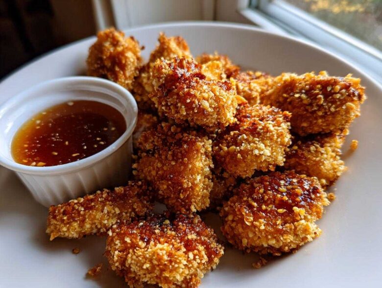 A plate of golden brown Crispy Chicken Nuggets with Honey Garlic Dip served alongside in a small white ramekin.