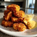 A stack of golden brown, crispy chicken nuggets served with a side of bright yellow honey mustard dip.