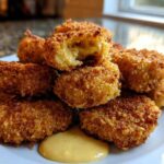 A pile of golden brown Crispy Chicken Nuggets served on a white plate with a dollop of honey mustard dip.