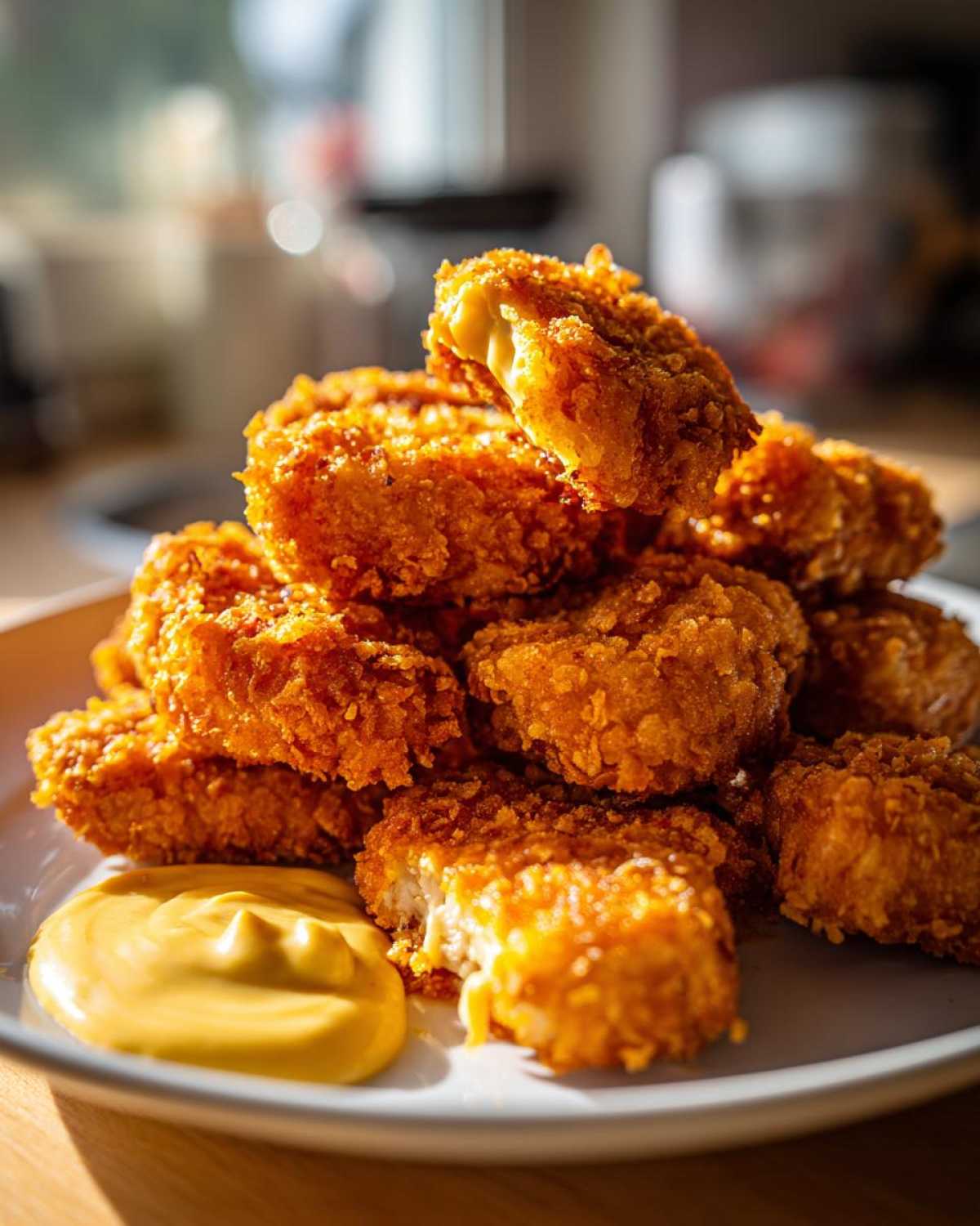 A pile of golden brown Crispy Chicken Nuggets served with a dollop of bright yellow honey mustard dip.