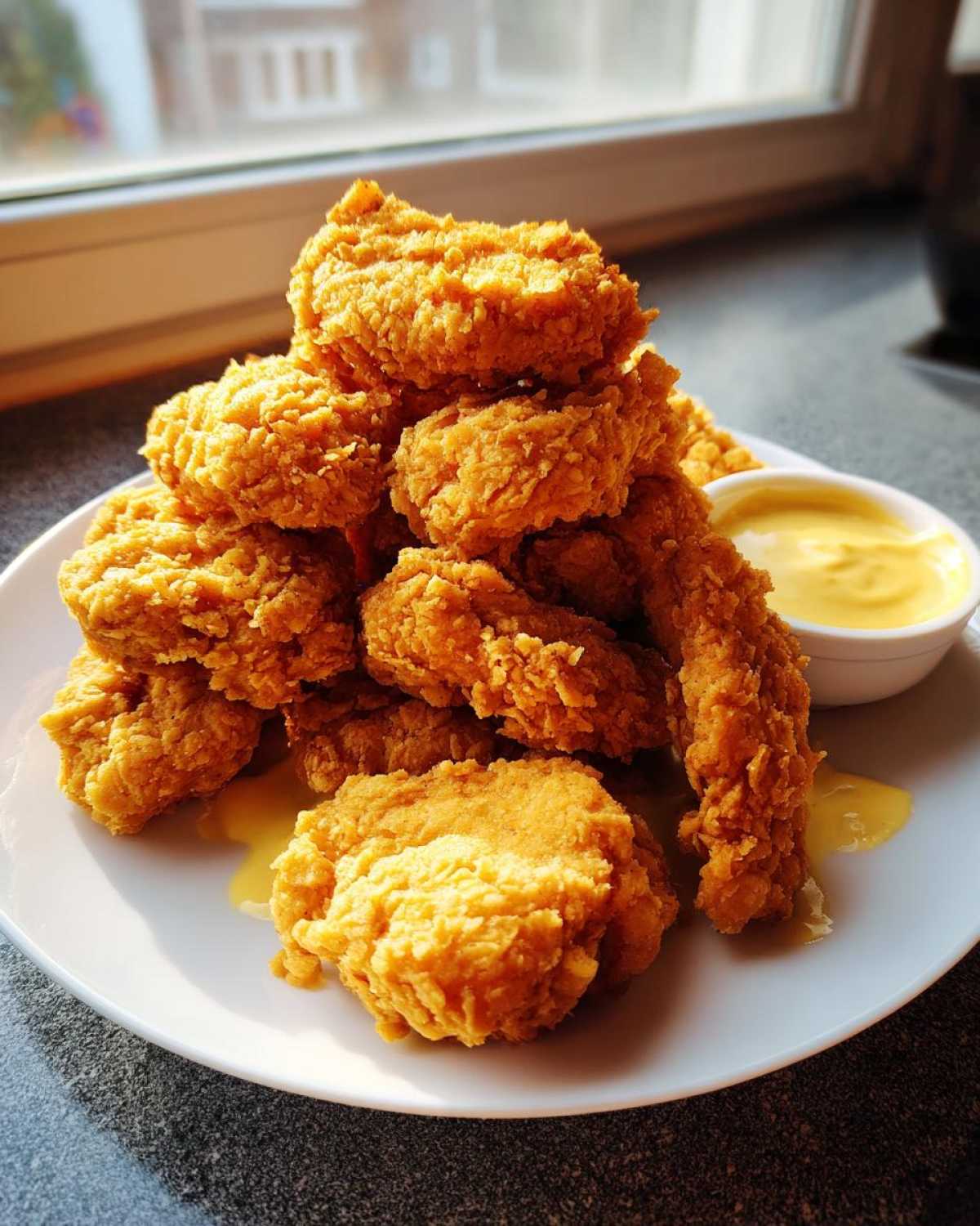 A pile of golden brown Crispy Chicken Nuggets served on a white plate next to a small bowl of bright yellow honey mustard dip.