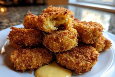 A pile of golden brown Crispy Chicken Nuggets served on a white plate with a dollop of honey mustard dip.