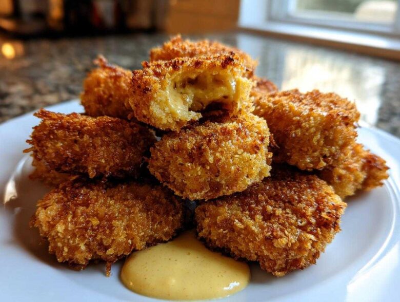 A pile of golden brown Crispy Chicken Nuggets served on a white plate with a dollop of honey mustard dip.