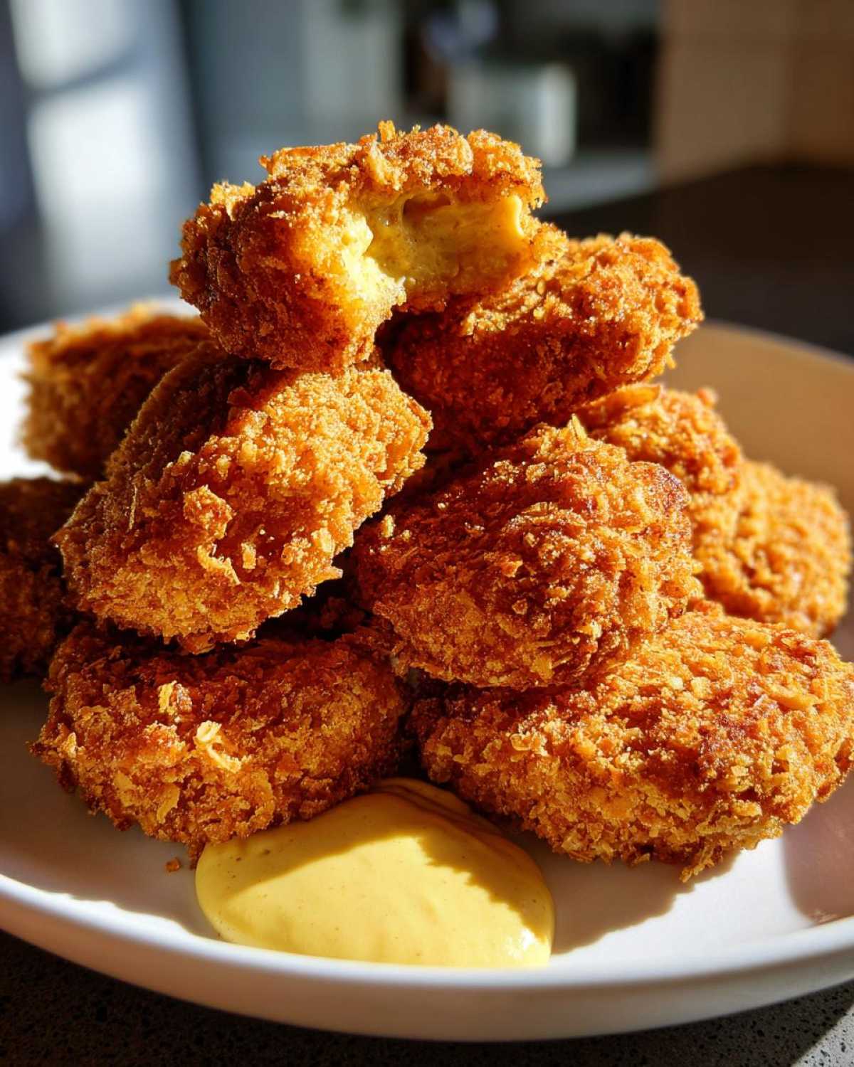 A pile of golden brown Crispy Chicken Nuggets stacked on a white plate next to a dollop of honey mustard dip.