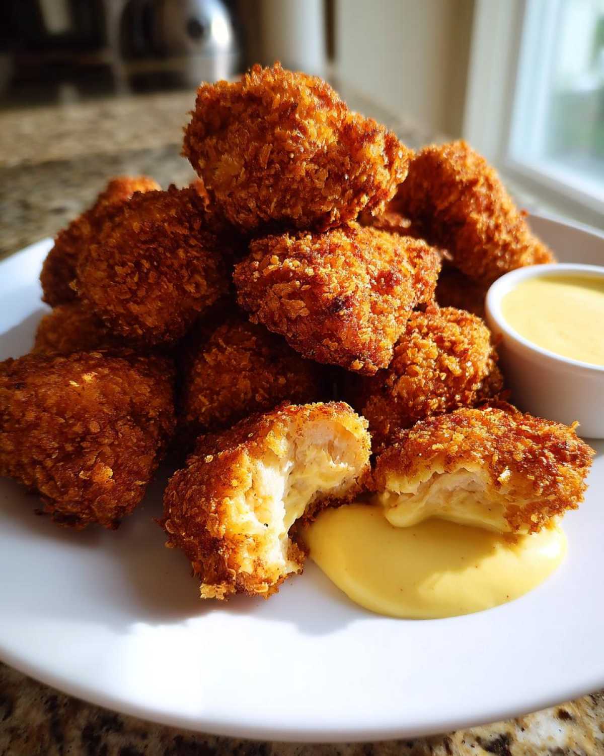 A pile of golden brown Crispy Chicken Nuggets served with a side of bright yellow honey mustard dip.
