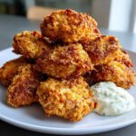 A pile of golden brown, crispy chicken nuggets served on a white plate next to a dollop of creamy ranch dip.