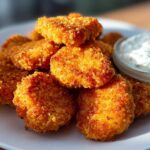 A pile of golden brown, crispy chicken nuggets served with a small bowl of creamy ranch dip.