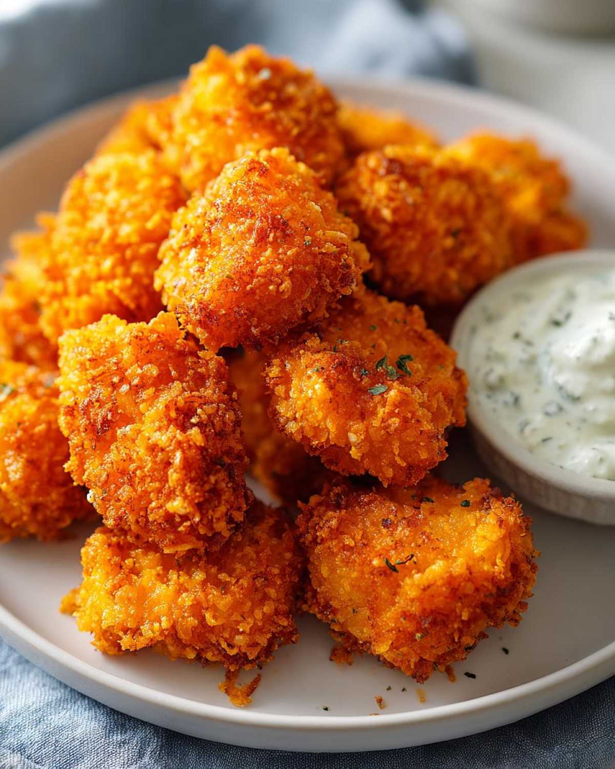 A plate piled high with golden brown, crispy chicken nuggets served with a side of creamy ranch dip.