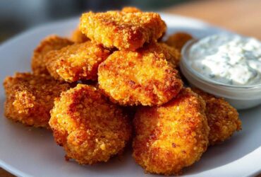 A pile of golden brown, crispy chicken nuggets served with a small bowl of creamy ranch dip.