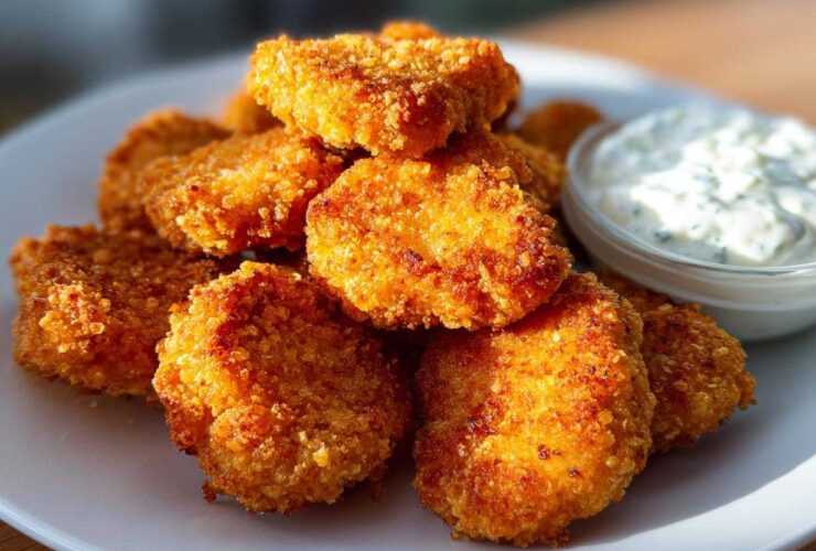 A pile of golden brown, crispy chicken nuggets served with a small bowl of creamy ranch dip.