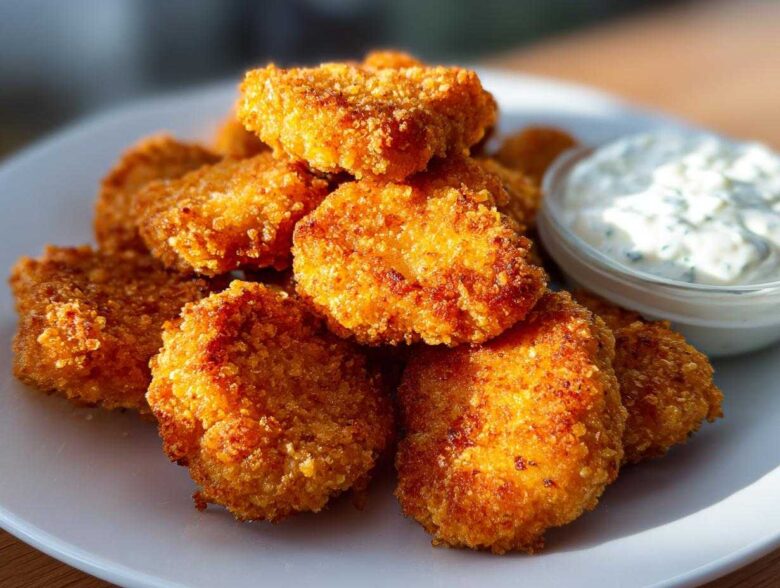 A pile of golden brown, crispy chicken nuggets served with a small bowl of creamy ranch dip.