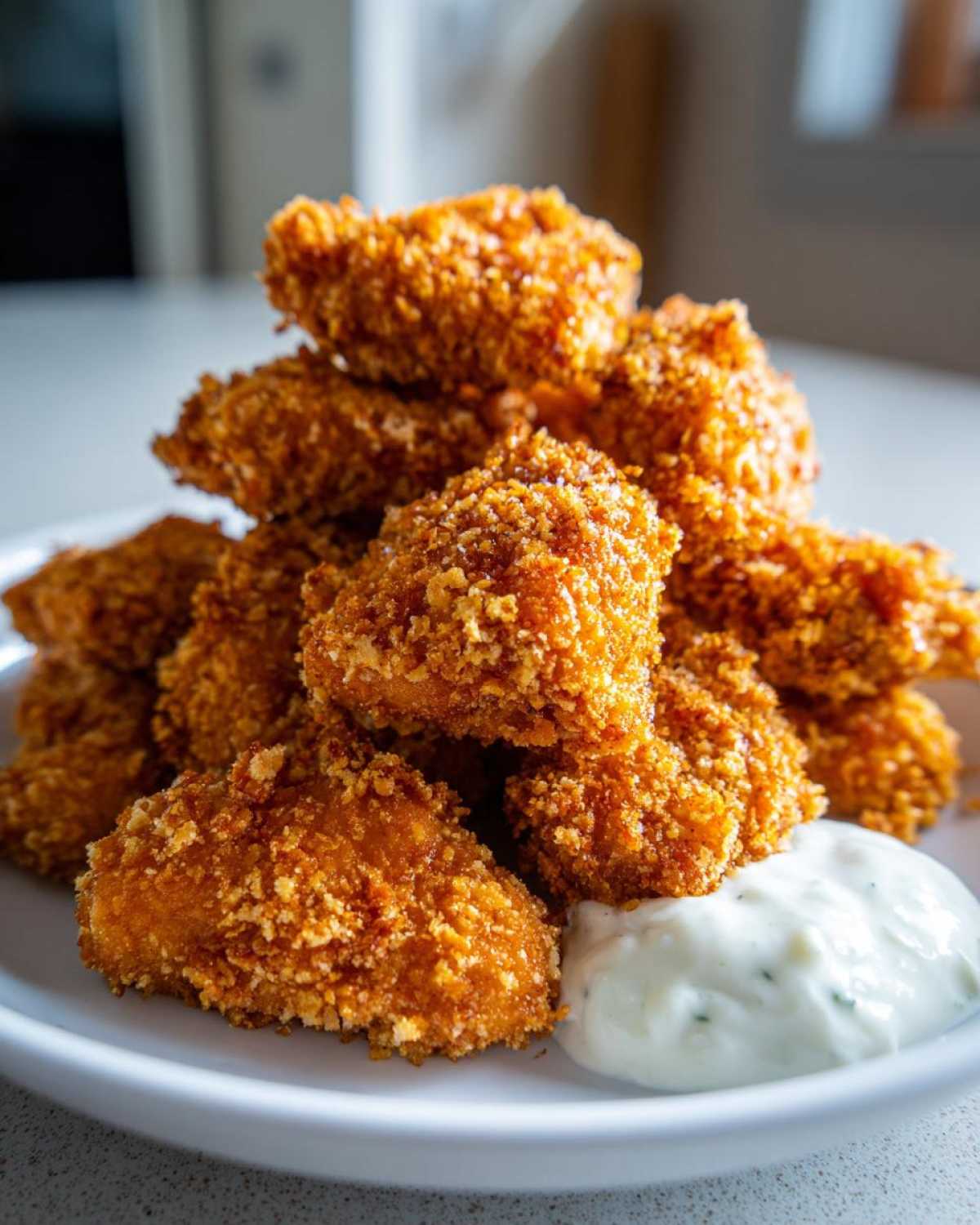 A stack of golden brown, crispy chicken nuggets served with a side of creamy ranch dip.