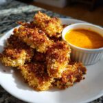 A pile of golden brown Crispy Chicken Nuggets served on a white plate next to a small ramekin of bright orange Spicy Garlic Dip.