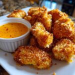 A plate of golden brown Crispy Chicken Nuggets served with a small white ramekin of bright orange Spicy Garlic Dip.
