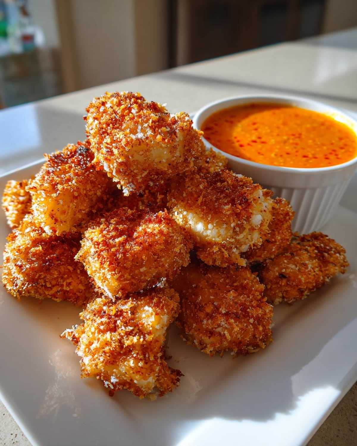A pile of golden brown, crispy chicken nuggets served next to a small white bowl of bright orange spicy garlic dip.