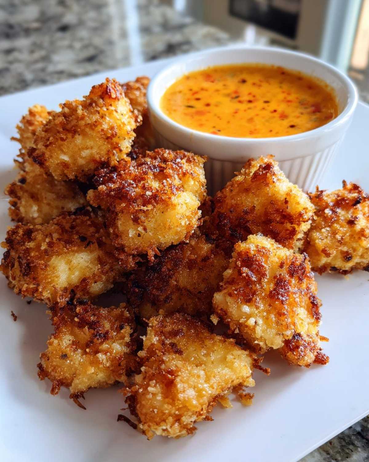 A pile of golden brown, crispy chicken nuggets served with a small white ramekin of spicy garlic dip.