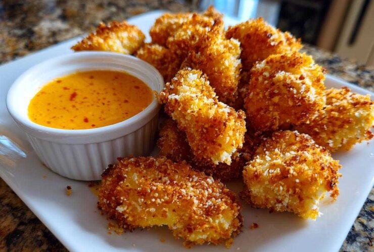 A plate of golden brown Crispy Chicken Nuggets served with a small white ramekin of bright orange Spicy Garlic Dip.