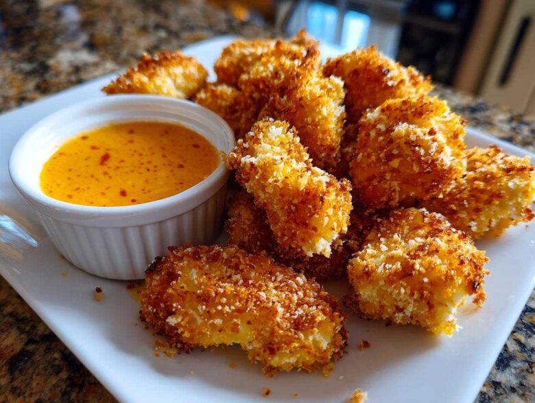 A plate of golden brown Crispy Chicken Nuggets served with a small white ramekin of bright orange Spicy Garlic Dip.