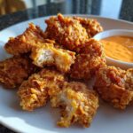 Close-up of golden brown Crispy Chicken Nuggets, one broken open showing white meat, served with spicy mayo.