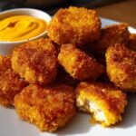 A pile of golden brown, crispy chicken nuggets served with a small bowl of bright orange spicy mayo.